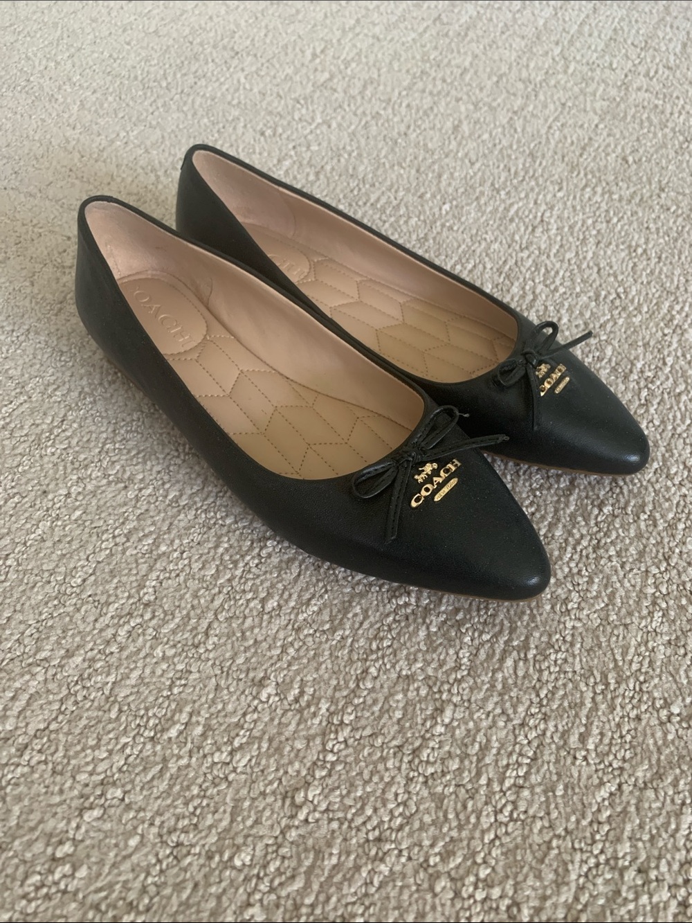 Coach Black Pointed Toe Leather Ballet Flats with Gold Logo